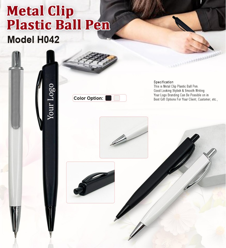 Metal Clip Plastic Ball Pen – Custom Logo Promotional Pen | H042